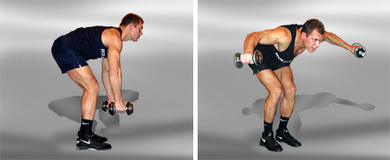 Подъем гантелей через стороны в наклоне