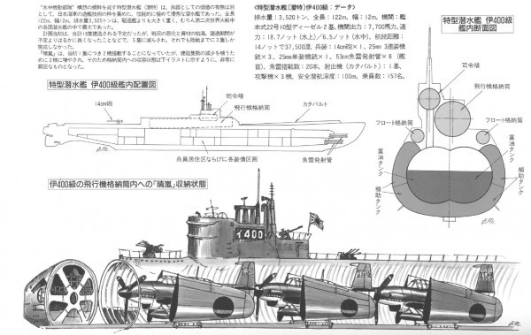 Чертеж подводного авианосца с бомбардировщиками "Сейран"