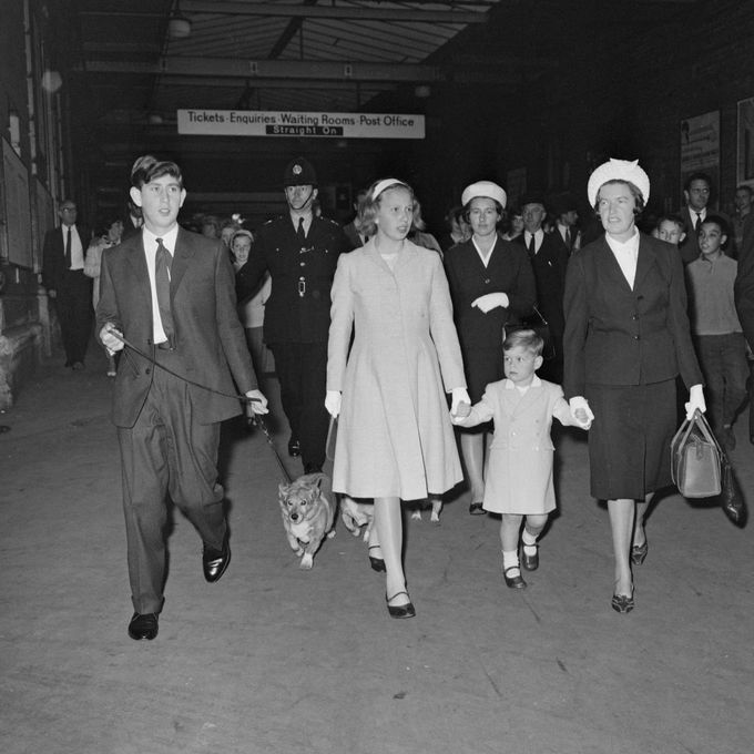 Принц Чарльз, принцеса Анна і принц Ендрю гуляють з нянею і коргі, 1963 р