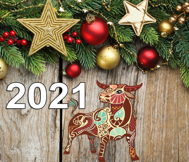 Праздничная открытка на Новый год быка 2021