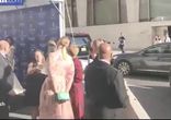 Karlie Kloss arrives at Lincoln Center in an floral pink dress