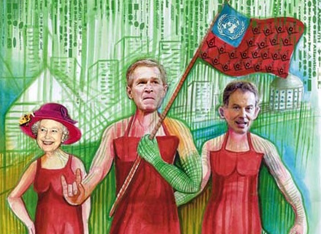 Королева Єлизавета, Джордж Буш і Тоні Блер в образі ящерів