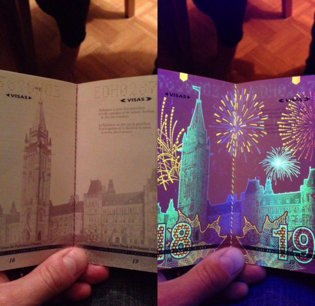Новый канадский паспорт при ультрафиолетовом свете